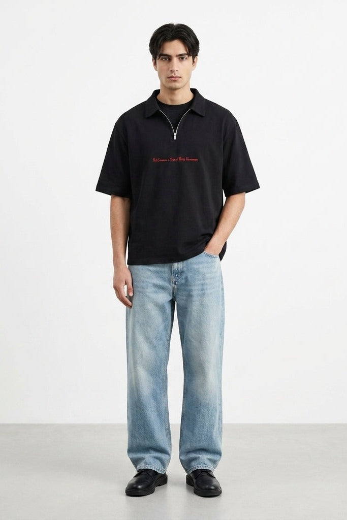 City Off Domes Zero Apologies Black Polo Quarter Zip T-Shirt