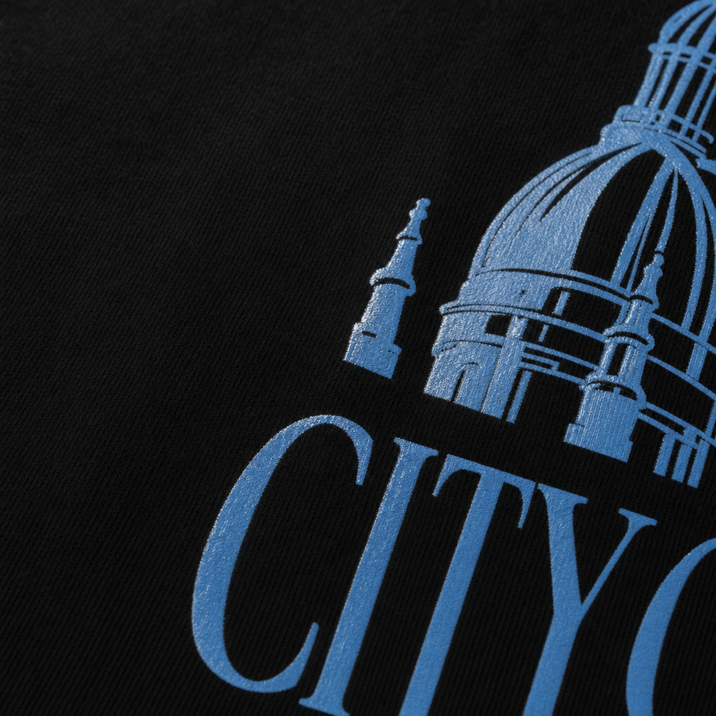 Close-up fabric detail - City Off Domes Blue City Black T-shirt