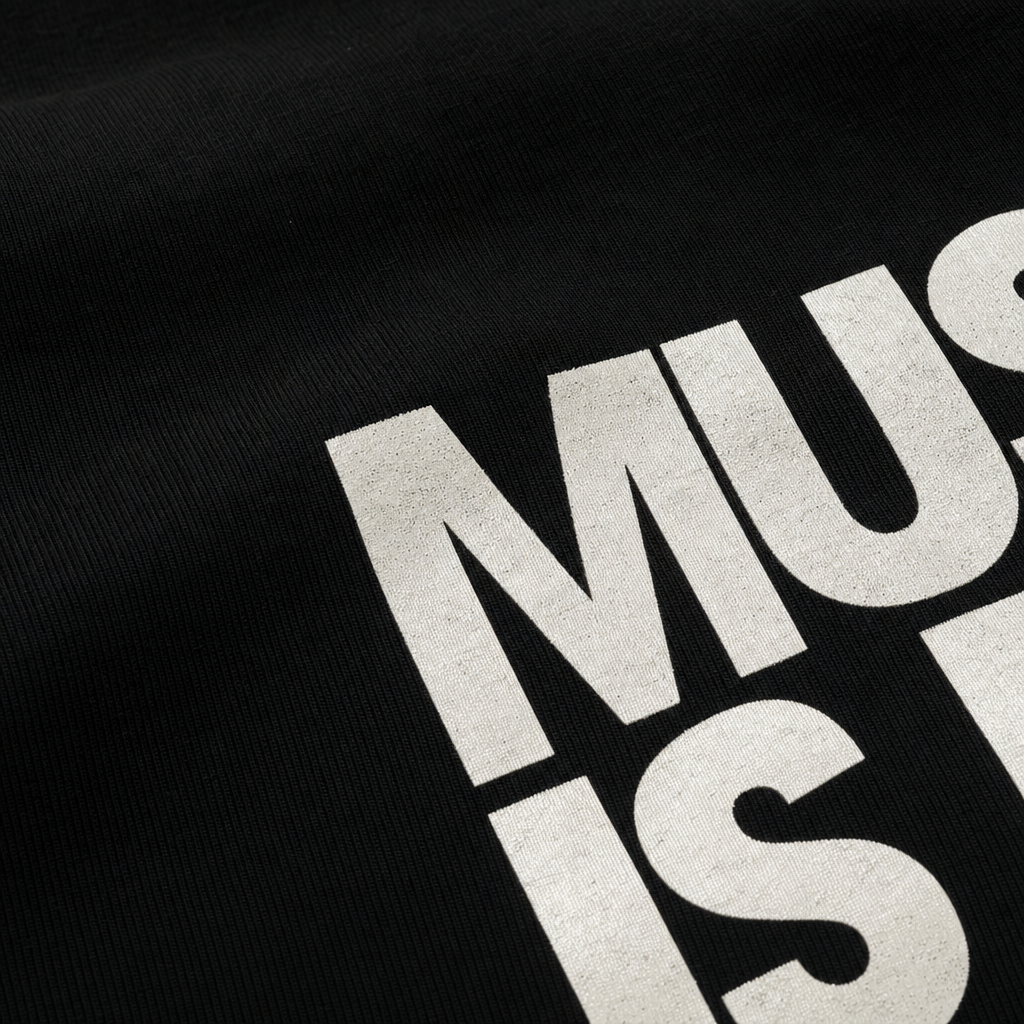 Close-up fabric detail - City Off Domes Rhythm Over Everything Black T-shirt