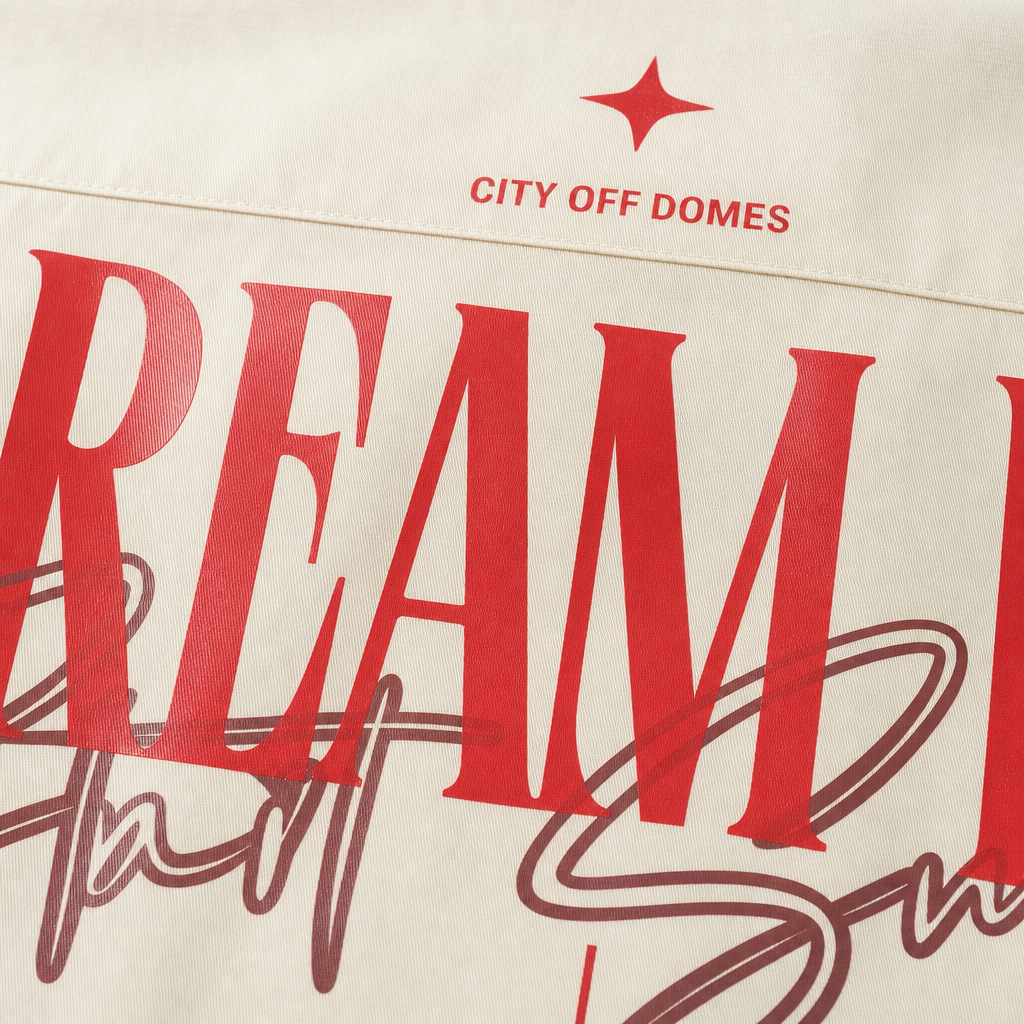 Close-up fabric detail - City Off Domes Ink Reverie White Bowling Shirt