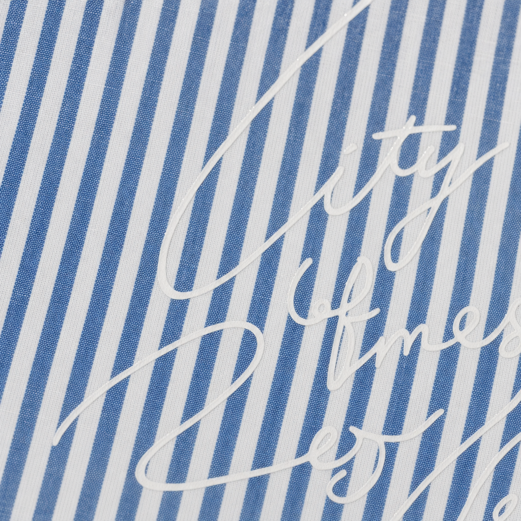 Close-up fabric detail - City Off Domes End Off Love Blue Stripe Shirt