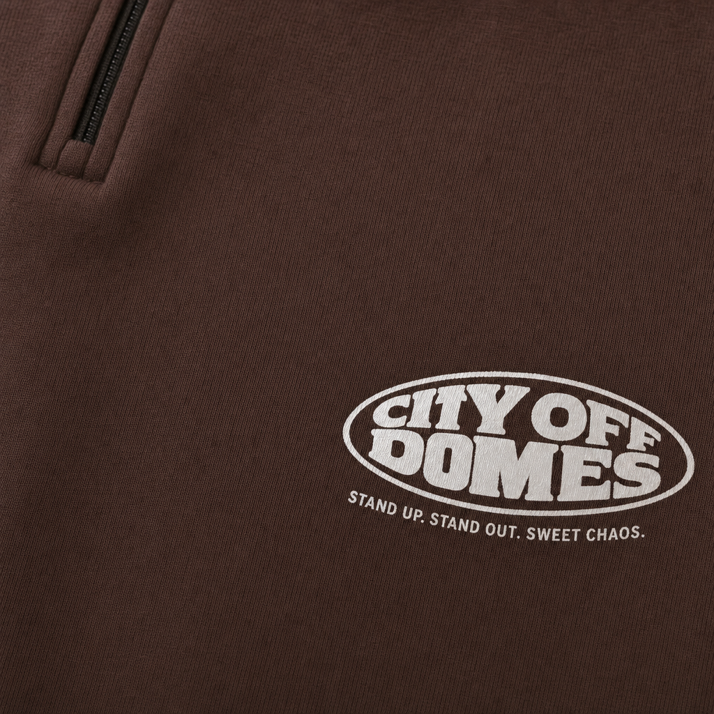 Close-up fabric detail - City Off Domes Sweet Chaos Graphics Brown Quater Zip T-Shirt