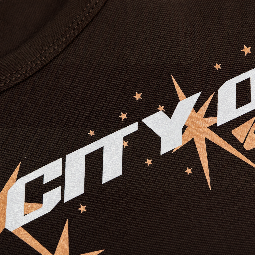 Close-up fabric detail - City Off Domes Star Explosion Brown Tank Top