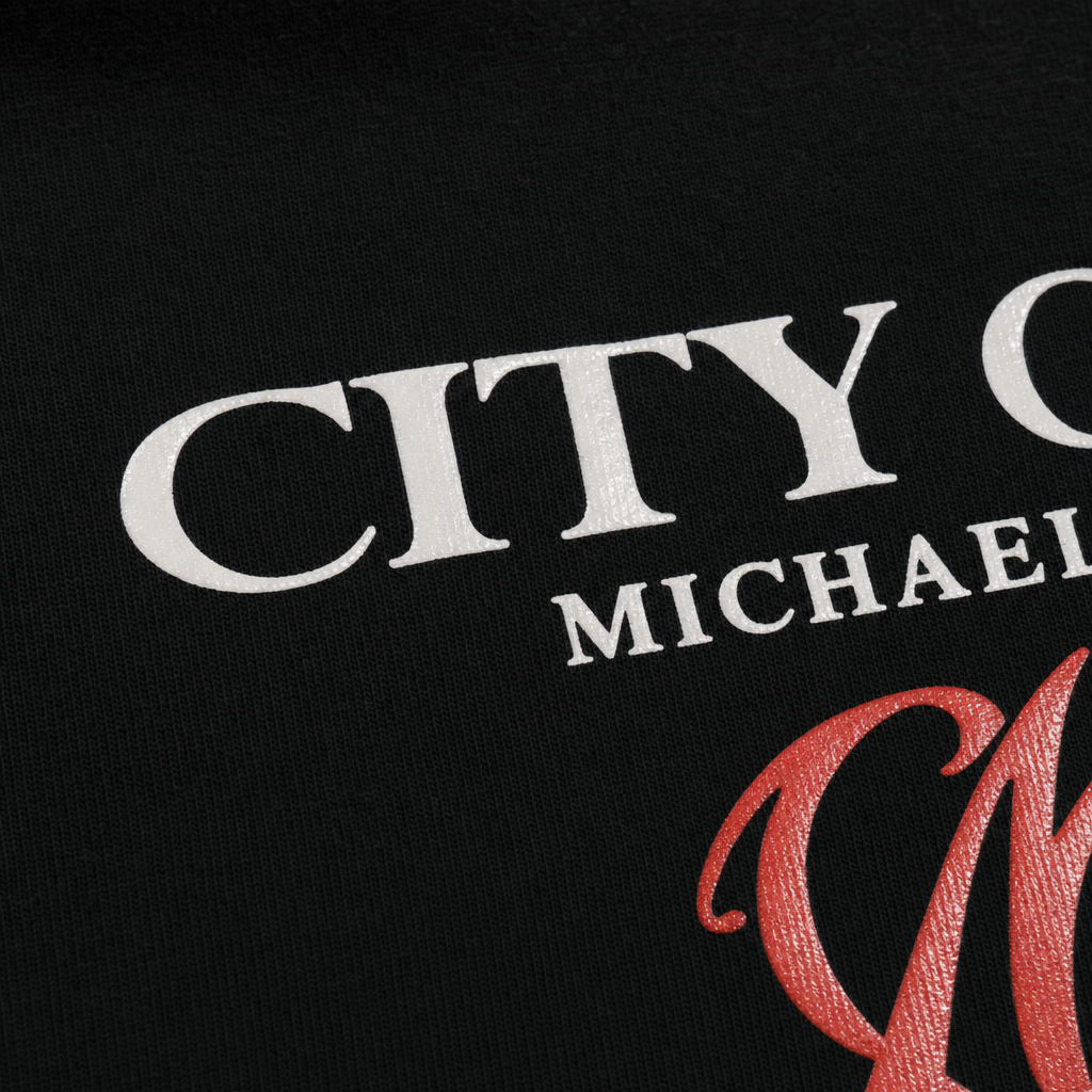 Close-up fabric detail - CITY OFF DOMES MICHAEL FOREVER BLACK T-SHIRT